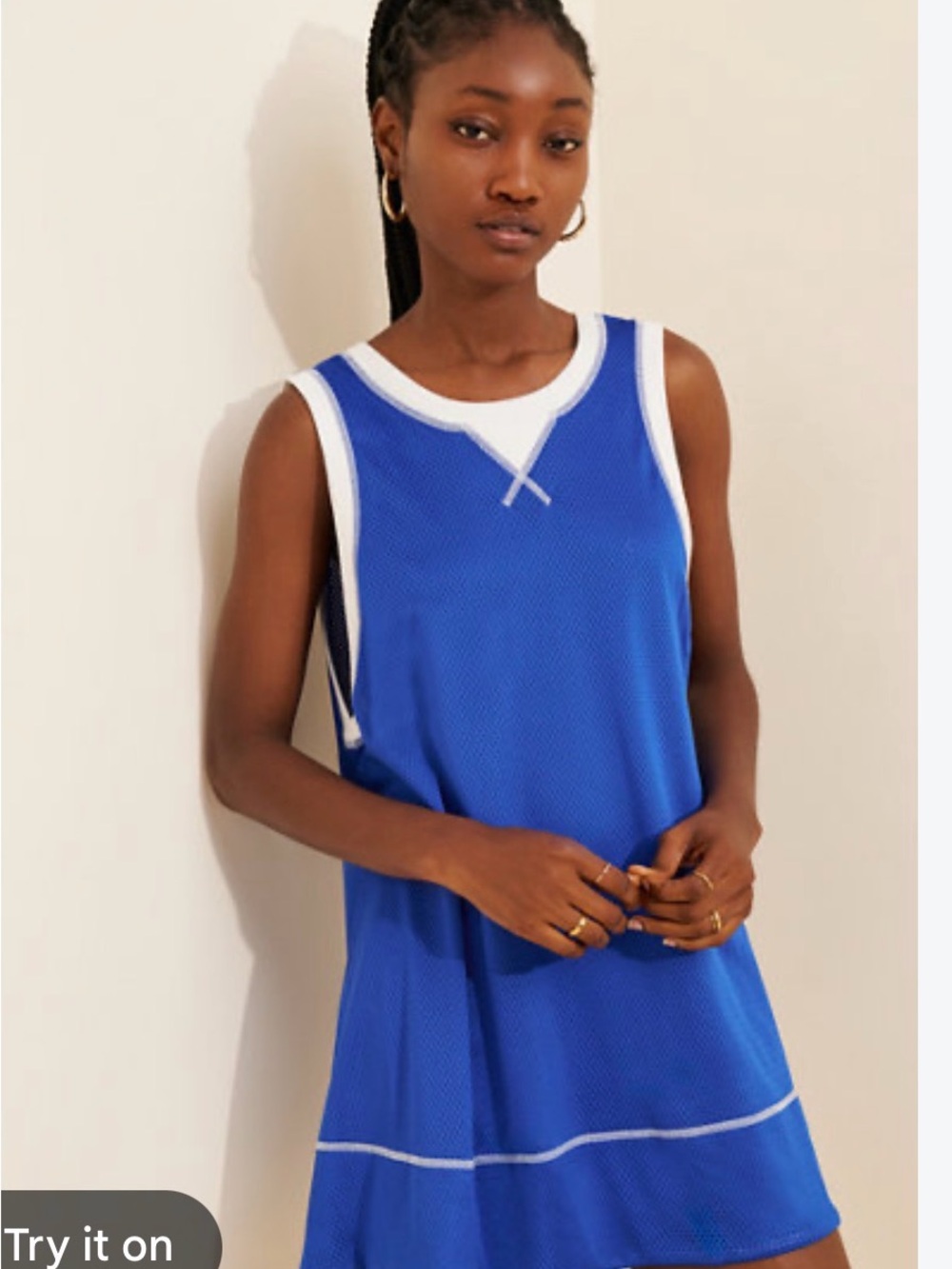 FP Movement Sleeveless Blue Mesh Dress with shorts underneath with White Trim